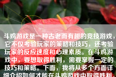 斗鸡游戏是一种古老而有趣的竞技游戏，它不仅考验玩家的策略和技巧，还考验玩家的反应速度和心理素质。在斗鸡游戏中，要想取得胜利，需要掌握一定的技巧和策略。下面，我将从多个方面详细介绍如何才能在斗鸡游戏中取得胜利。