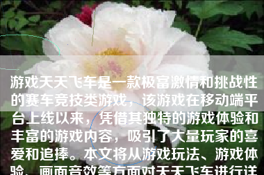 游戏天天飞车是一款极富激情和挑战性的赛车竞技类游戏，该游戏在移动端平台上线以来，凭借其独特的游戏体验和丰富的游戏内容，吸引了大量玩家的喜爱和追捧。本文将从游戏玩法、游戏体验、画面音效等方面对天天飞车进行详细的介绍。
