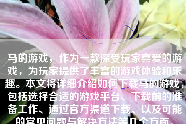 马的游戏，作为一款深受玩家喜爱的游戏，为玩家提供了丰富的游戏体验和乐趣。本文将详细介绍如何下载马的游戏，包括选择合适的游戏平台、下载前的准备工作、通过官方渠道下载、以及可能的常见问题与解决方法等几个方面。