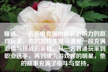 耀扬，一名在电竞圈内颇具影响力的游戏玩家，他的游戏生涯可谓是一段充满激情与挑战的旅程。从一名普通玩家到职业选手，再到成为游戏界的明星，他的故事充满了奋斗与坚持。